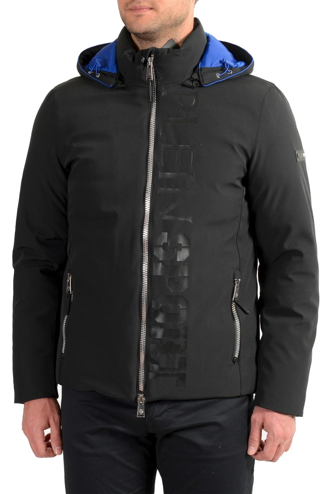 Plein Sport Men's Black Logo Print Zip Up Hooded Parka Jacket US L IT 52