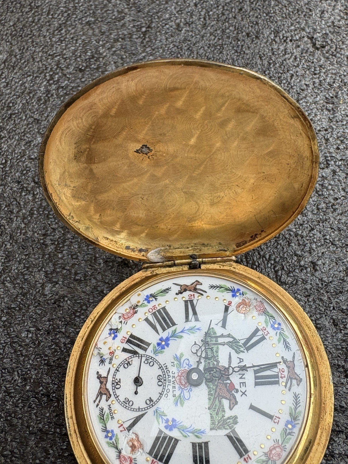 Arnex Horse dial Pocket Watch 17 J Incabloc Swiss Made Works Vintage  Hunting