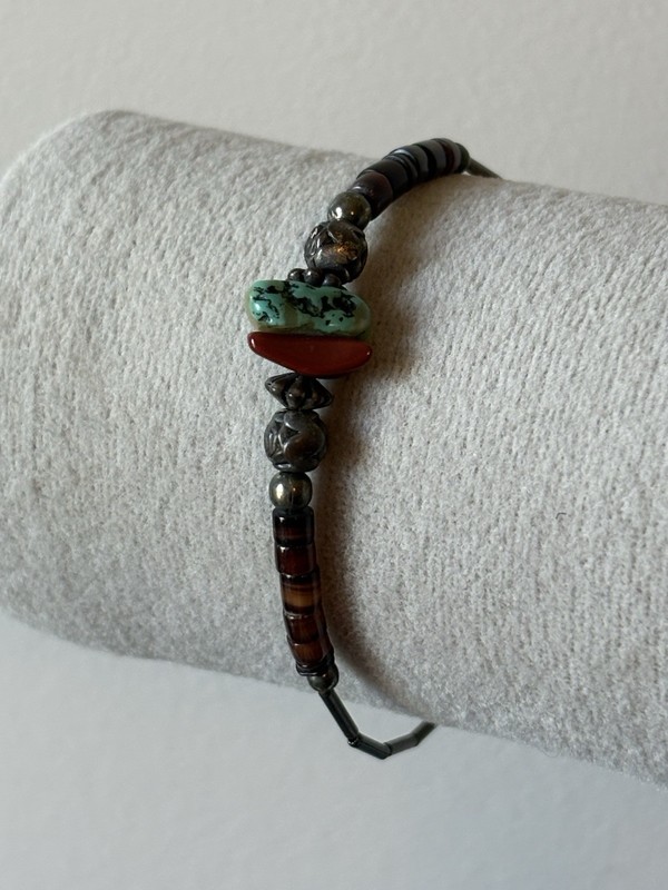 Turquoise & Coral Bracelet Silver Rose & Hematite Beads Southwest Navajo Style