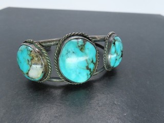 Vtg Sterling Silver & Turquoise Cuff Bracelet Unsigned 28g