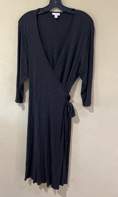 J.JILL Ribbed Charcoal Gray Soft Stretch Midi True Wrap Dress Sz L Petite b7