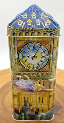 Vintage Churchill s Peter Pan Big Ben Clock, Embossed Toffee Tin Coin Bank Box