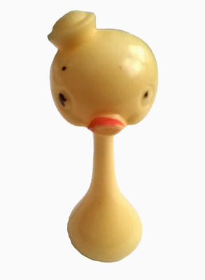 Vintage Plakie Hard Plastic Resin Yellow Duck Baby Rattle 4 1/2''