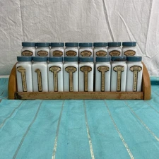 COMPLETE Griffith Milk Glass Blue Spice Jar Set, 16 Jars w/ Metal Lids and Rack
