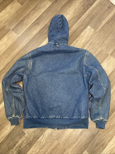 Rare Vintage 90s Carhartt Hooded Denim Plaid Blanket Lined JB1198 Jacket Medium - Bild 10 von 11