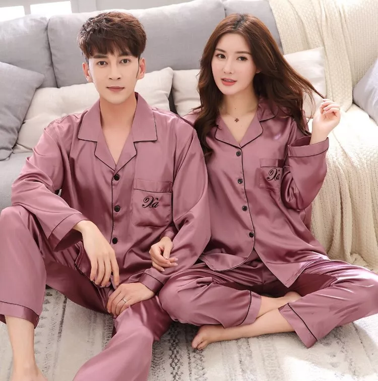 Couple Men Women Silk Satin Pajamas Sets Long Sleeve Pyjamas Sleepwear  Nightwear