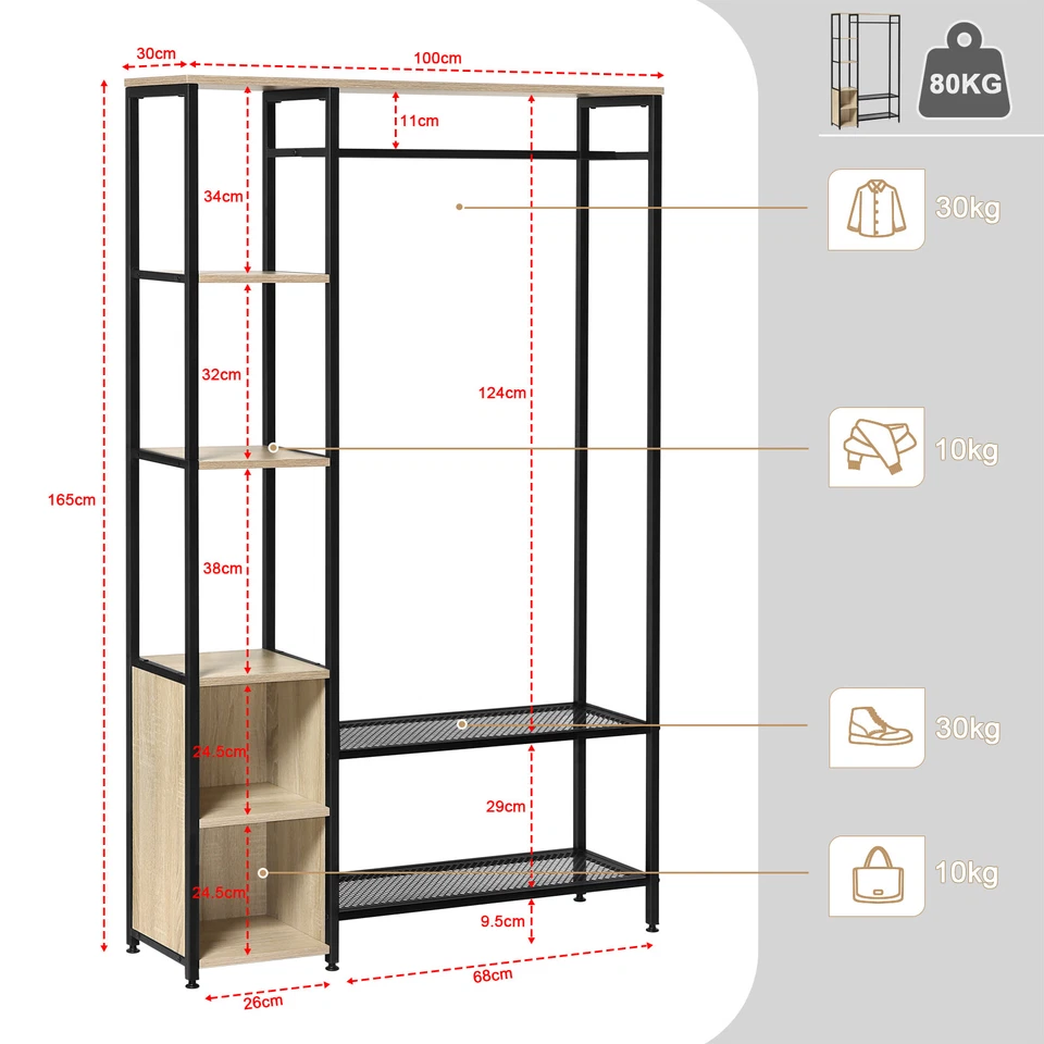 EUGAD Kleiderständer Garderobenständer mit Kleiderstange & Schuhregalen aus Holz - Bild 3 von 4