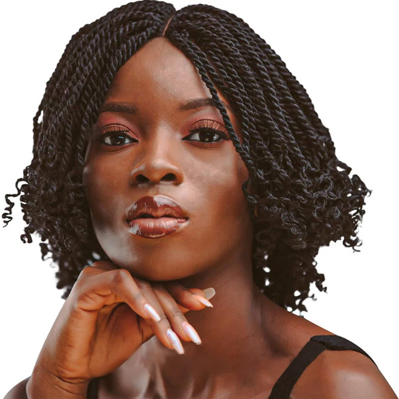Pelucas trenzadas de cabello con extremos rizados cortas negras sintéticas naturales  Foto 4 de 4