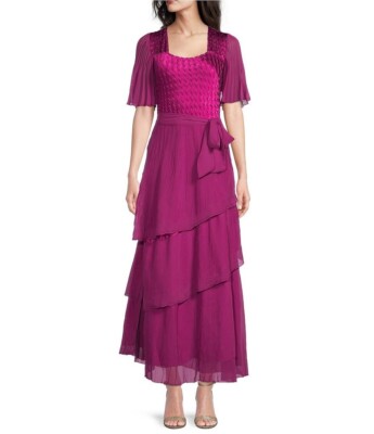 Komarov Square Neck Tiered Bottom Chiffon Sleeve Mother of the Bride Dress , Womens, M, Magenta Komarov Square Neck Tiered Bottom Chiffon Sleeve Mother of the Bride Dress , Womens, M, Magenta