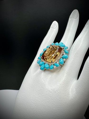 AAA Brazilian Citrine, Turquoise, Moissanite Gorgeous Ring 28.6ctw Size 7, 8 NEW - Picture 6 of 16