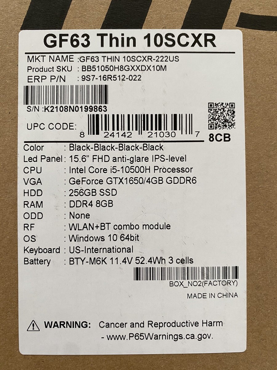 MSI GF63 Thin 10SCXR-222 15.6” (256GB SSD, Intel Core i5 10th Gen