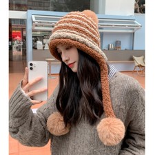 Lady Fleece Bobble Hat with Ear Flap Pom Cap Knitted Beanie Warm Winter Soft