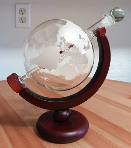 Glass Whiskey Liquor Bar Globe Decanter w Ship Inside Wooden Stand Mancave Spin