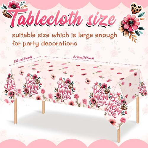 Mothers Day Decorations 3Pcs Pink Floral Best Mom Ever Tablecloth Plastic Dispos - Picture 2 of 6