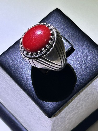 Raro anello uomo argento 925 sigillo vero corallo marino regalo reale خاتم مرجان طبيعي - Foto 4 di 16
