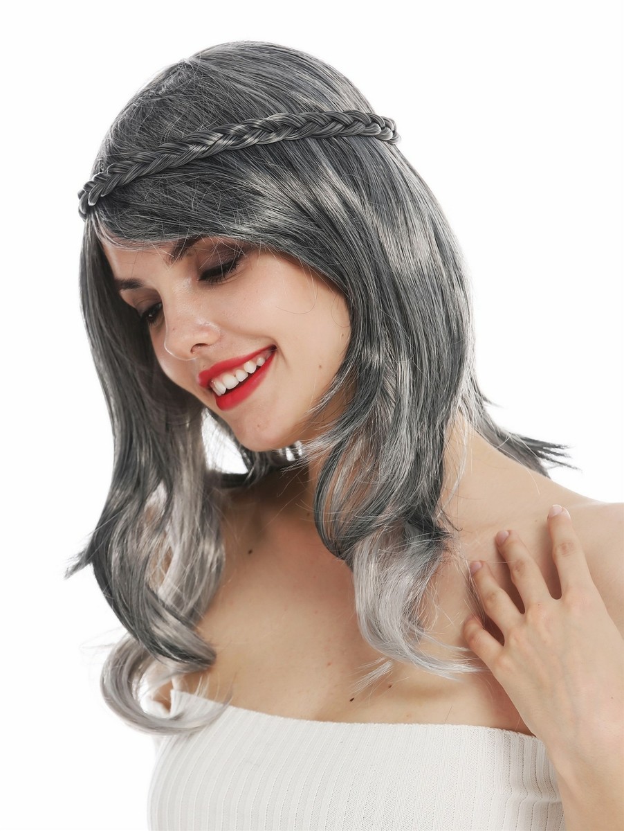 WIG ME UP Damenperücke – Lang, Glatt, Schwarz-grau Meliert, Geflochtener Haarkranz Für Karneval & Halloween
