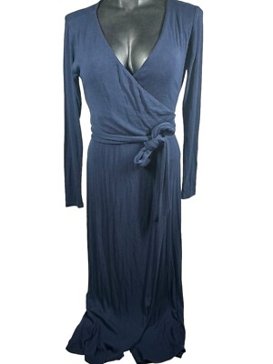 Good American DayNight Ribbed Wrap Midi Dress Navy Blue Long Sleeves  2/Medium | eBay