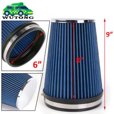 Blue 6'' 152mm Inlet Truck Air Intake Cone Replacement Dry Air Filter 9'' Tall
