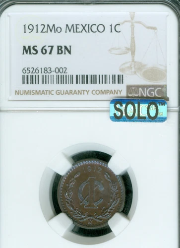 1912 MEXICO CENTAVO NGC MS67 BN PQ MAC SOLO FINEST GRADE & SPOTLESS VERY RARE *