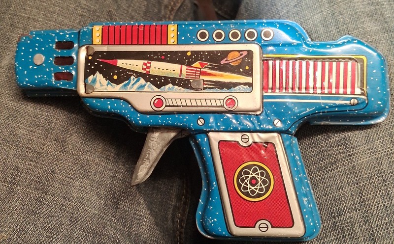 Vintage Tin Space Gun Toy Made in Japan Sound Works No Spark Retro
