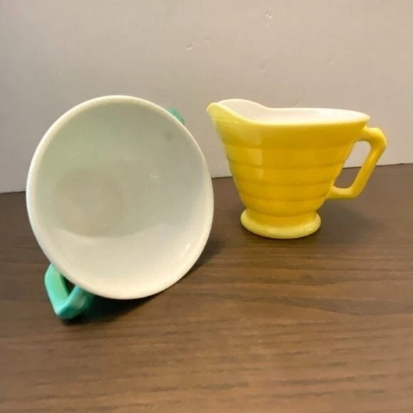 Vintage 1960s Hazel Atlas Glass Sugar Creamer Yellow Green Tea Coffee Retro Set - Image 2 of 4