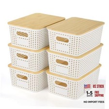 6 Pack Plastic Storage Baskets with Bamboo Lids for Organization  Cream White