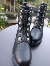 New, Black Ankle Boots Side Zip, Front Metal Pattern Studs, Front Zip Decoration