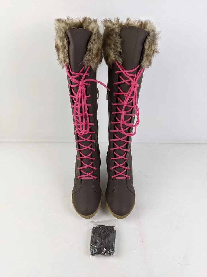 Colin Stuart Faux Fur Wedge Heel Womens Size 10B Brown Knee High Pink Laces - Image 2 of 4