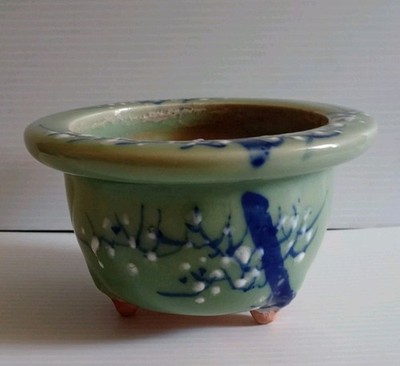 Bonsai Pot Old-Seto Ware Celadon Blue & White Tree Accents 6''Dia 3.5''Tall Japan
