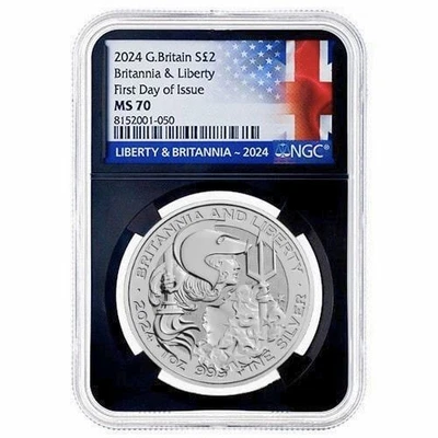 2024 Britannia and Liberty MS 70 Great Britain 1 oz .999 Fine Silver Coin INSTOC - Image 1 of 4