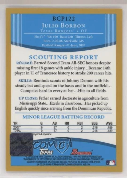 2008 Bowman Chrome Prospects Gold Refractor /50 Julio Borbon Rookie Auto RC - Image 2 of 2