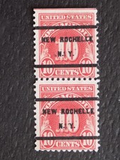 (1) USED VERT PAIR OF U. S.  prec. stamps W/A .NEW ROCHELLE, NY PC-10C POST. DUE