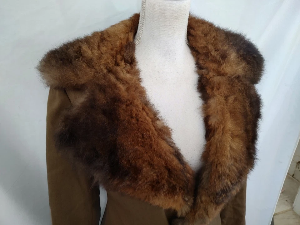 Abrigo Vintage Años 70 Forrado de Piel Trench Jacket Marrón Lona Exterior Piel Forrado Largo Talla S Foto 2 de 4