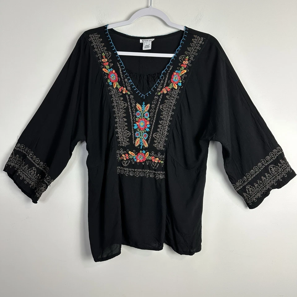 Top de mujer Krista Lee grande negro bordado popover túnica festival boho Foto 2 de 4