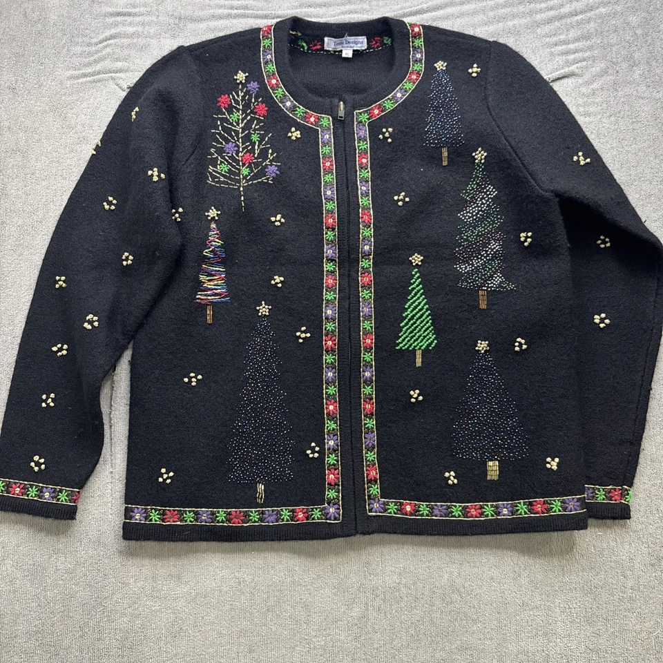 Suéter Vintage Navidad Cuentas Árbol Lana Cárdigan Vacaciones Mujer’s M Foto 2 de 4