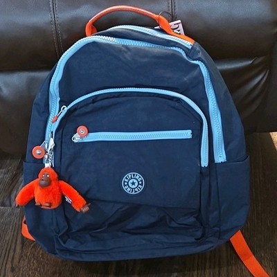 Kipling Kids Backpack Navy Light Blue Orange Monkey Keychain