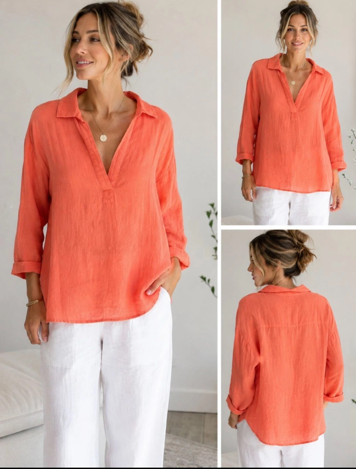 CALYPSO St. Barth Women's Sz 2X Linen Resort Blouse Tunic 3/4 Sleeves Coral NWT