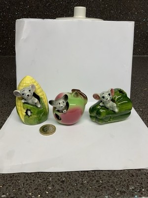 Napco Japan 3 x Vintage Maus Obst Figuren Mais Apfel Pfeffer nur UK.