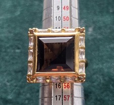 Sterling Silver gold-toned square smoky quartz and Clear Stone ring Size 7