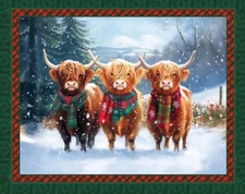 HIGHLAND Christmas Fabric Quilt Panel, Cows, Farm, Snow, Holiday