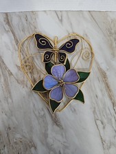 Purple Butterfly Iridescent Purple Flower Metal Heart Stained Glass Sun Catcher