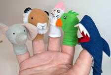 5 Story Telling Plush Finger Puppets Animal Set Parrot Bunny Elephant Shark Lion