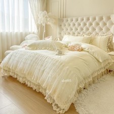 4 Pieces Bedding Set Luxury Lace Embroidered Duvet Cover Bed Skirt 2 Pillowcases