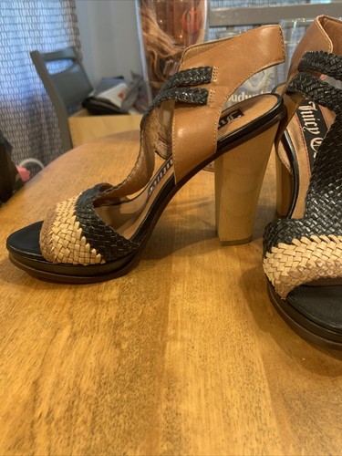 Juicy Couture Women Black, Brown, Tan Heels US 5.5 Leather Basket Weave, Peeptoe - Picture 4 of 10