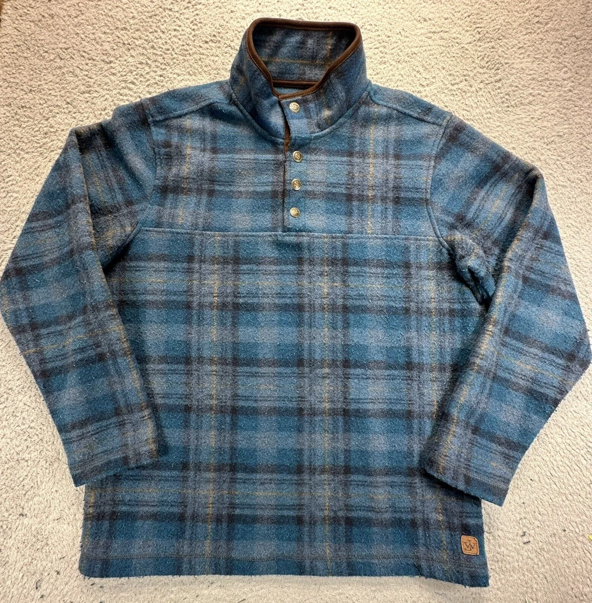 John Wayne Wooly Fleece Mens Medium Blue Plaid Pullover Shirt 1/4 Snap Button