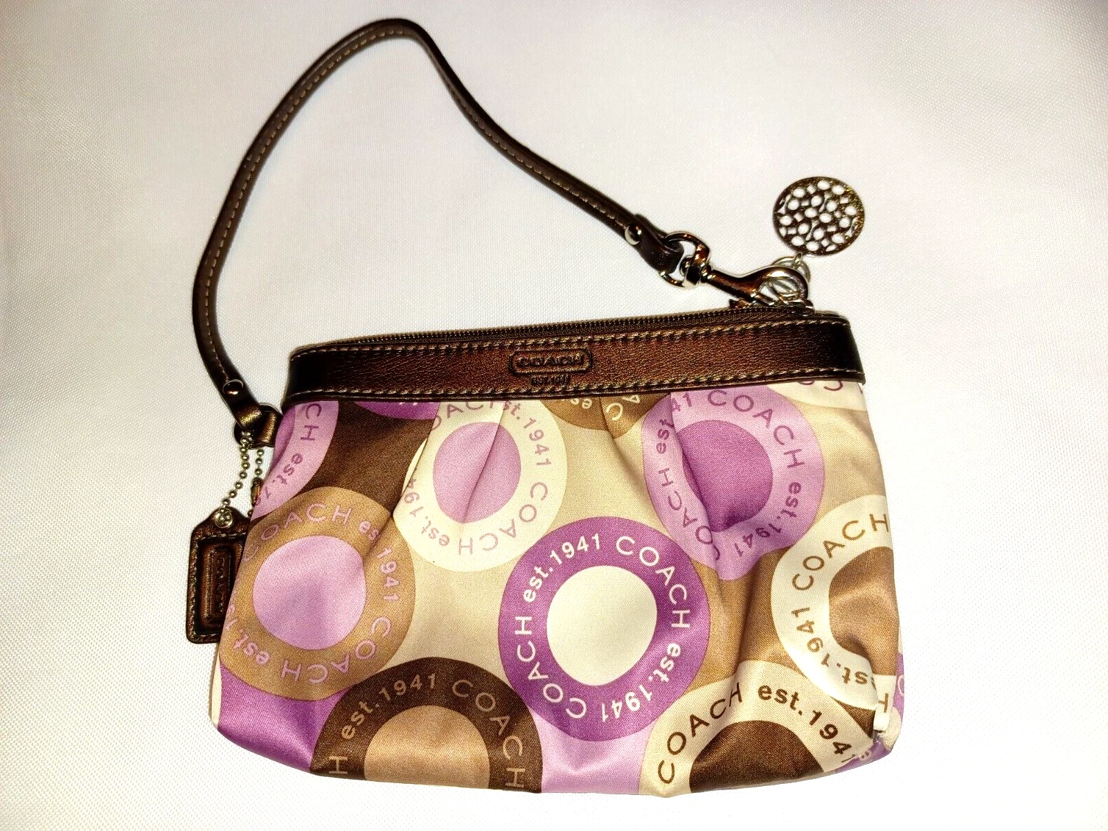 COACH Portafoglio da Polso Portachiavi Firma Cerchi Cerniera Pelle Satinata Charm