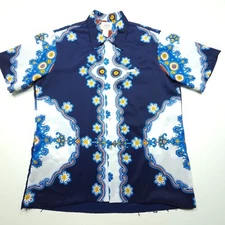 VTG HRH His Royal Highness Mens Shirt Large Blue 70s Baroque Art Tribal Tropics