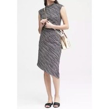 BANANA REPUBLIC BLUE ASSYMETRIC HEM TWEED CAREER MOCK SHIFT DRESS SIZE: 0 NWOT