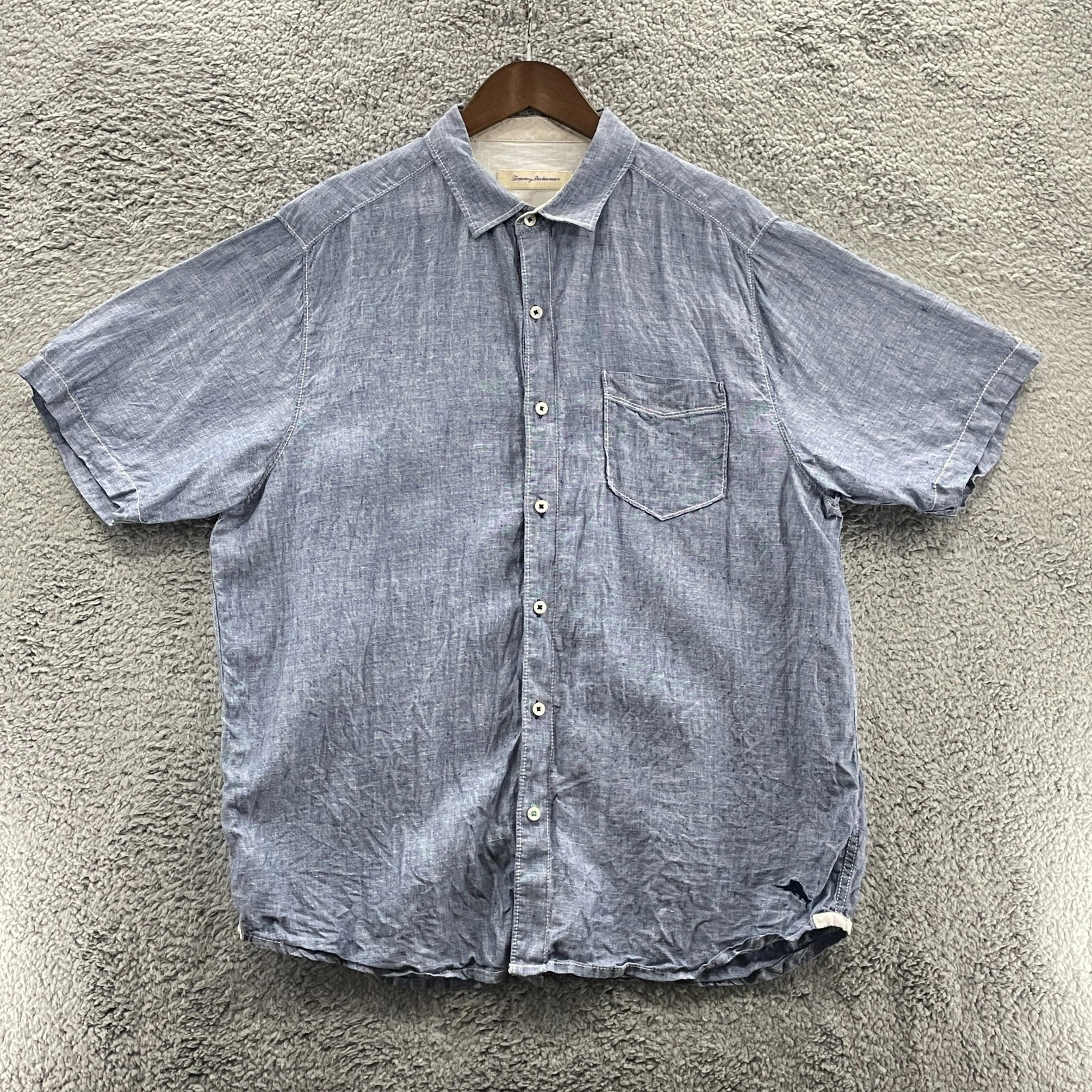 Tommy Bahama Shirt Mens Large Blue Short Sleeve Button Up Solid 100% Linen