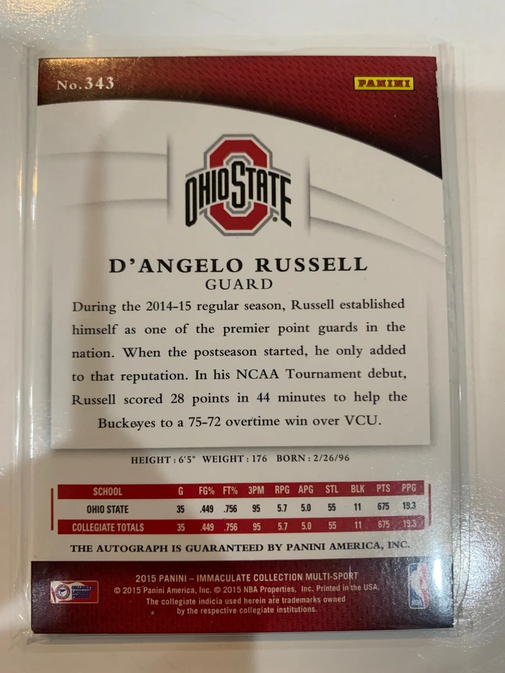 2015-16 PANINI IMMACULATE DRAFT D’ANGELO RUSSELL RC ON CARD AUTO /99 OHIO STATE - Image 2 of 4
